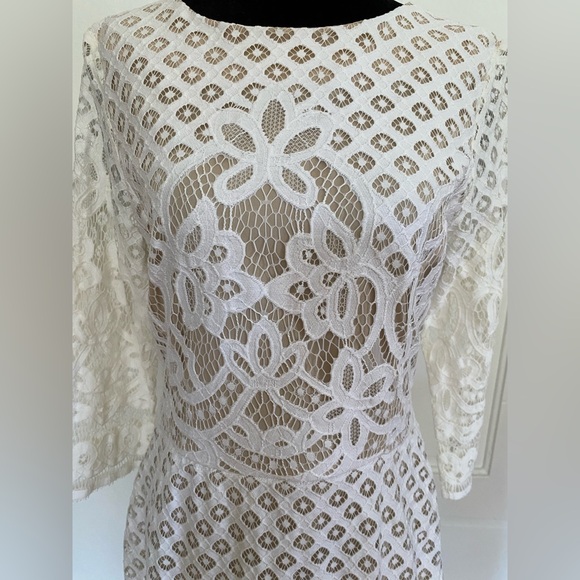 White and Nude Lace Fitted Shift Dress. Mature Wedding. Rehearsal Dress. - Picture 6 of 14